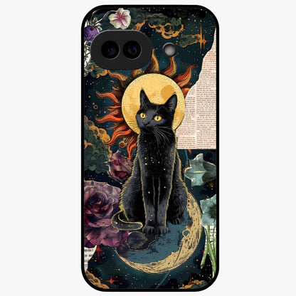 Celestial Black Cat Glass Case showing flat back view with mystical black cat artwork and glossy glass finish.