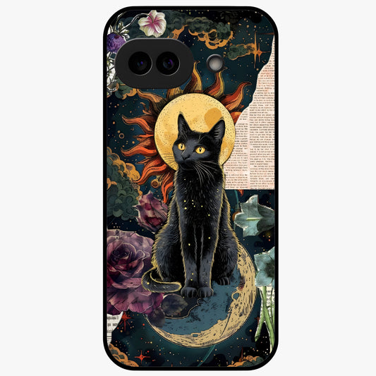 Celestial Black Cat Glass Case showing flat back view with mystical black cat artwork and glossy glass finish.