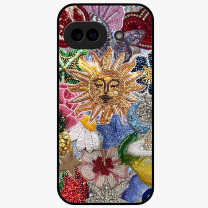Celestial Floral and Playful Glass Case showing flat back view with floral and celestial themed artwork and glossy glass finish.