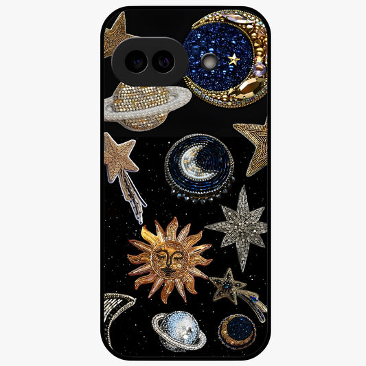 Celestial Gem Constellations Glass Case showing flat back view with sparkling constellation artwork and glossy glass finish.