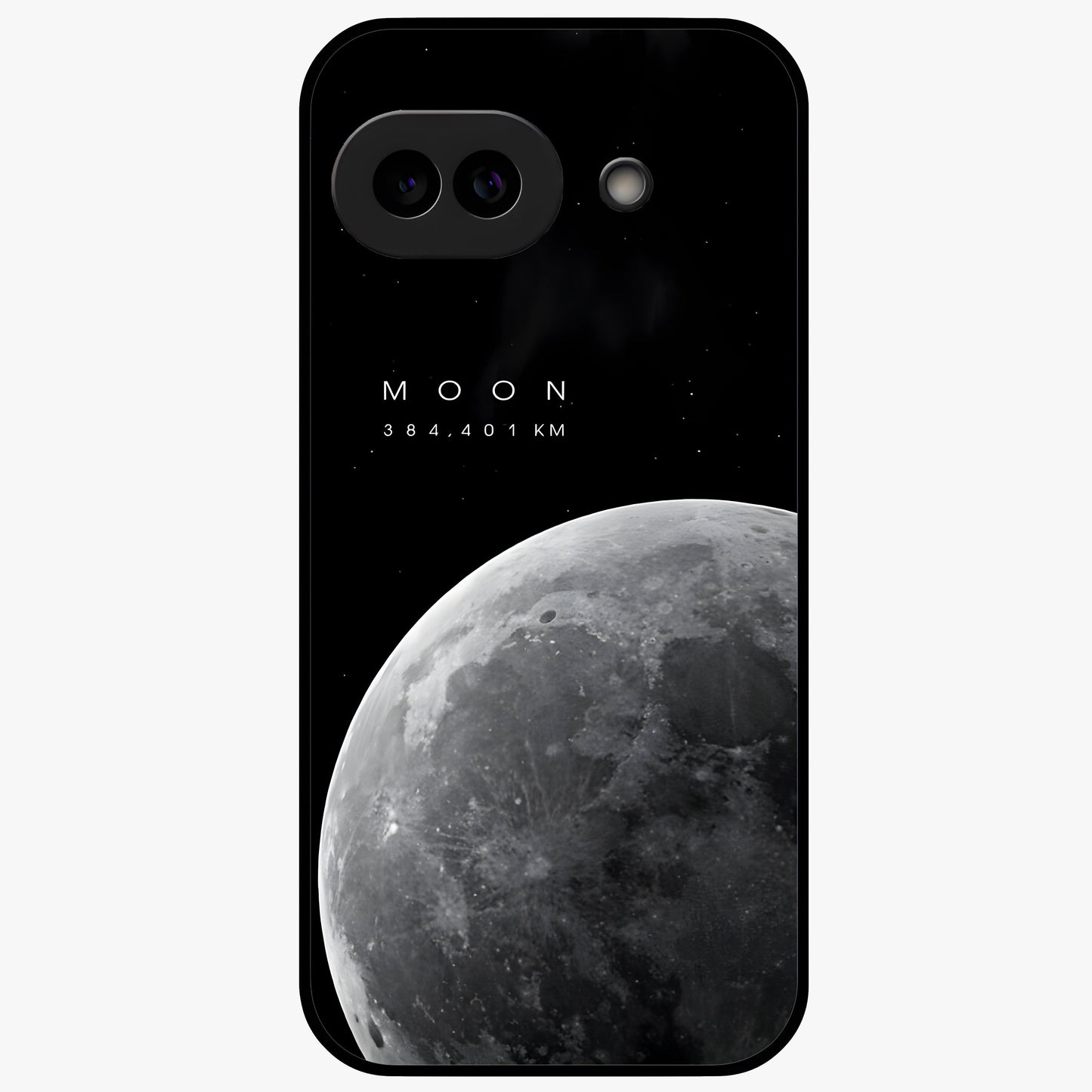 Cosmic Moon Glow Glass Case showing flat back view with glowing moon artwork and glossy glass finish.