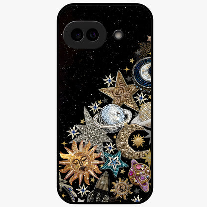 Cosmic Sparkle Dreams Glass Case showing flat back view with sparkling cosmic artwork and glossy glass finish.