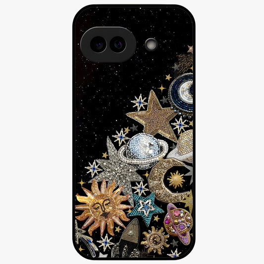 Cosmic Sparkle Dreams Glass Case showing flat back view with sparkling cosmic artwork and glossy glass finish.