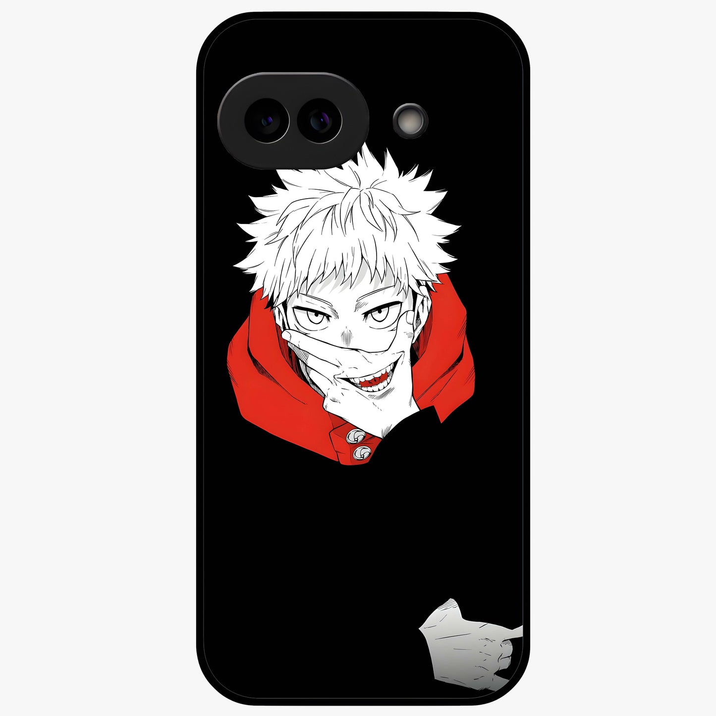 Crimson Chaos Smile Glass Case showing flat back view with bold chaotic smile artwork and glossy glass finish.