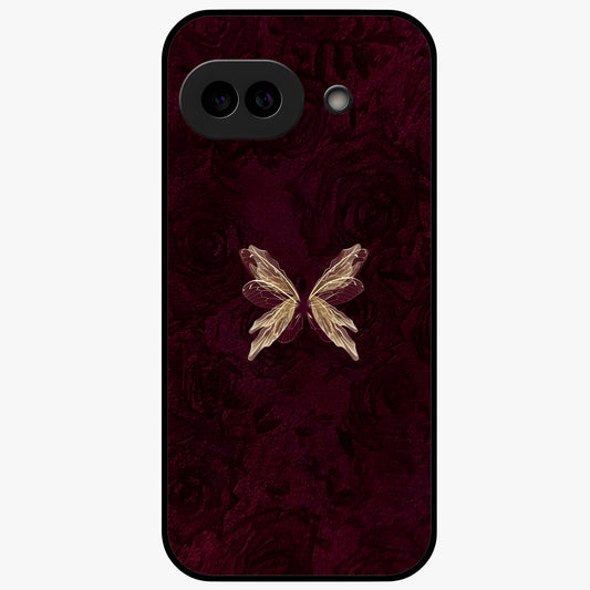 Crimson Fade Butterfly Glass Case showing flat back view with fading butterfly artwork and glossy glass finish.