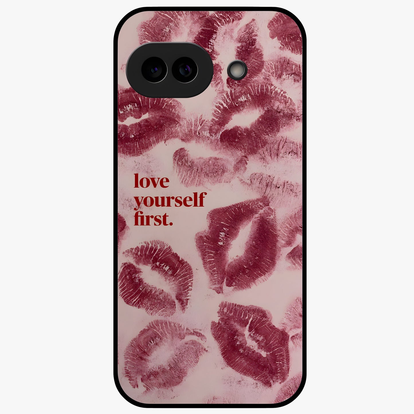 Crimson Kiss Love Glass Case showing flat back view with romantic crimson themed artwork and glossy glass finish.