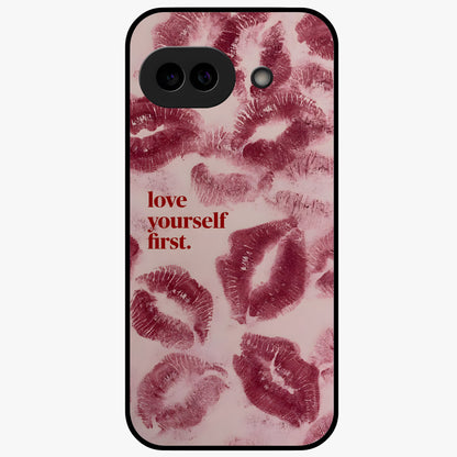Crimson Kiss Love Glass Case showing flat back view with romantic crimson themed artwork and glossy glass finish.