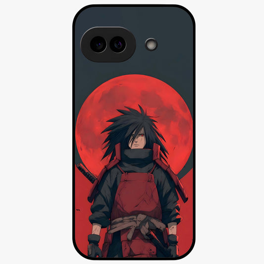 Crimson Moon Warlord Glass Case showing flat back view with mystical moon warrior artwork and glossy glass finish.