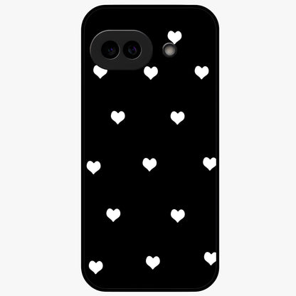 Cute And Simple White Hearts Glass Case showing flat back view with minimal white heart pattern and glossy glass finish.