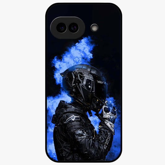 Cyber Sentinel Protocol Glass Case showing flat back view with futuristic cyber themed artwork and glossy glass finish.