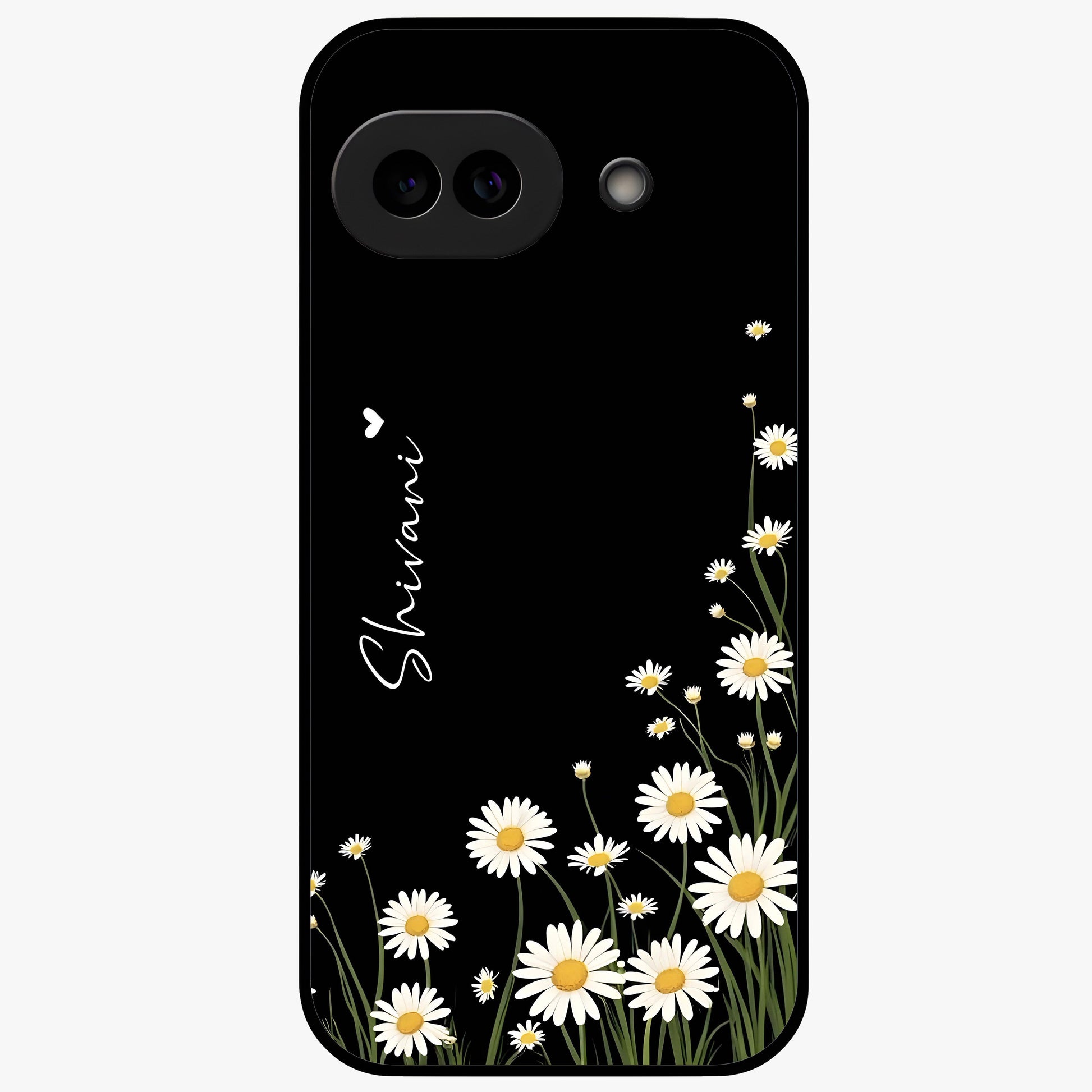 Daisy Cascade Custom Name Glass Case showing flat back view with cascading daisy flowers and personalized name design.