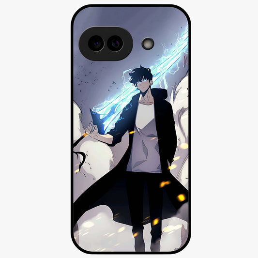 Dark Lightning Anime Warrior Glass Case showing flat back view with intense anime warrior artwork and glossy glass finish.