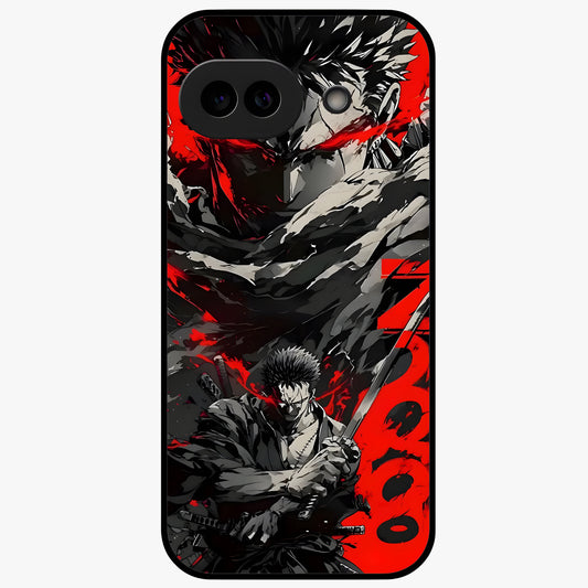 Demon Sword Resolve Glass Case showing flat back view with fierce sword warrior artwork and glossy glass finish.