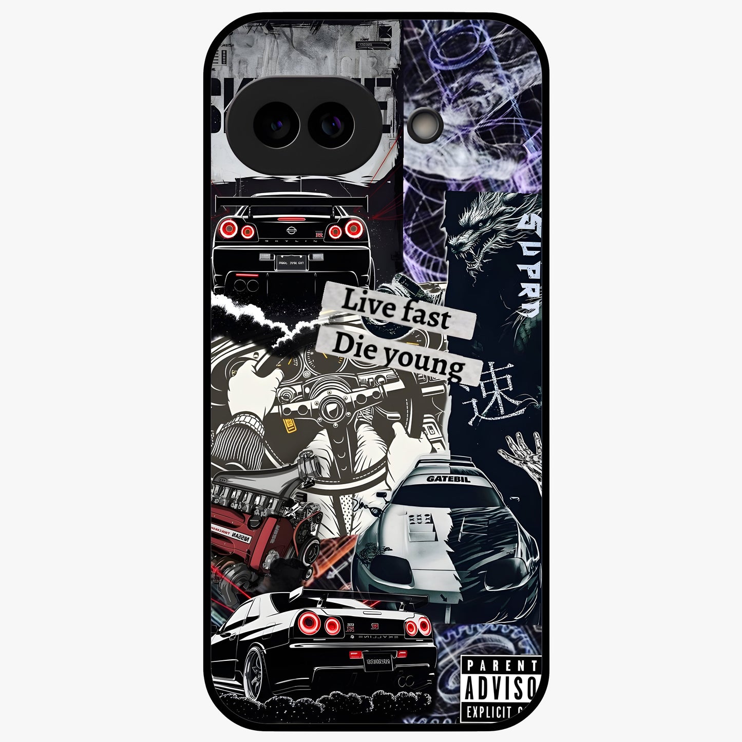 Die Young Glass Case showing flat back view with bold artistic typography design and glossy glass finish.