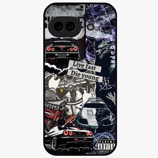 Die Young Glass Case showing flat back view with bold artistic typography design and glossy glass finish.