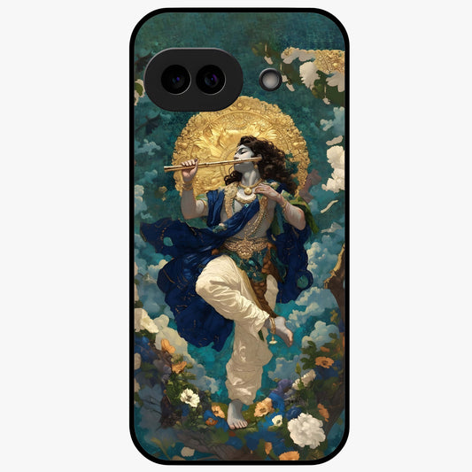 Divine Krishna Art Glass Case showing flat back view with Lord Krishna artwork and glossy glass finish.