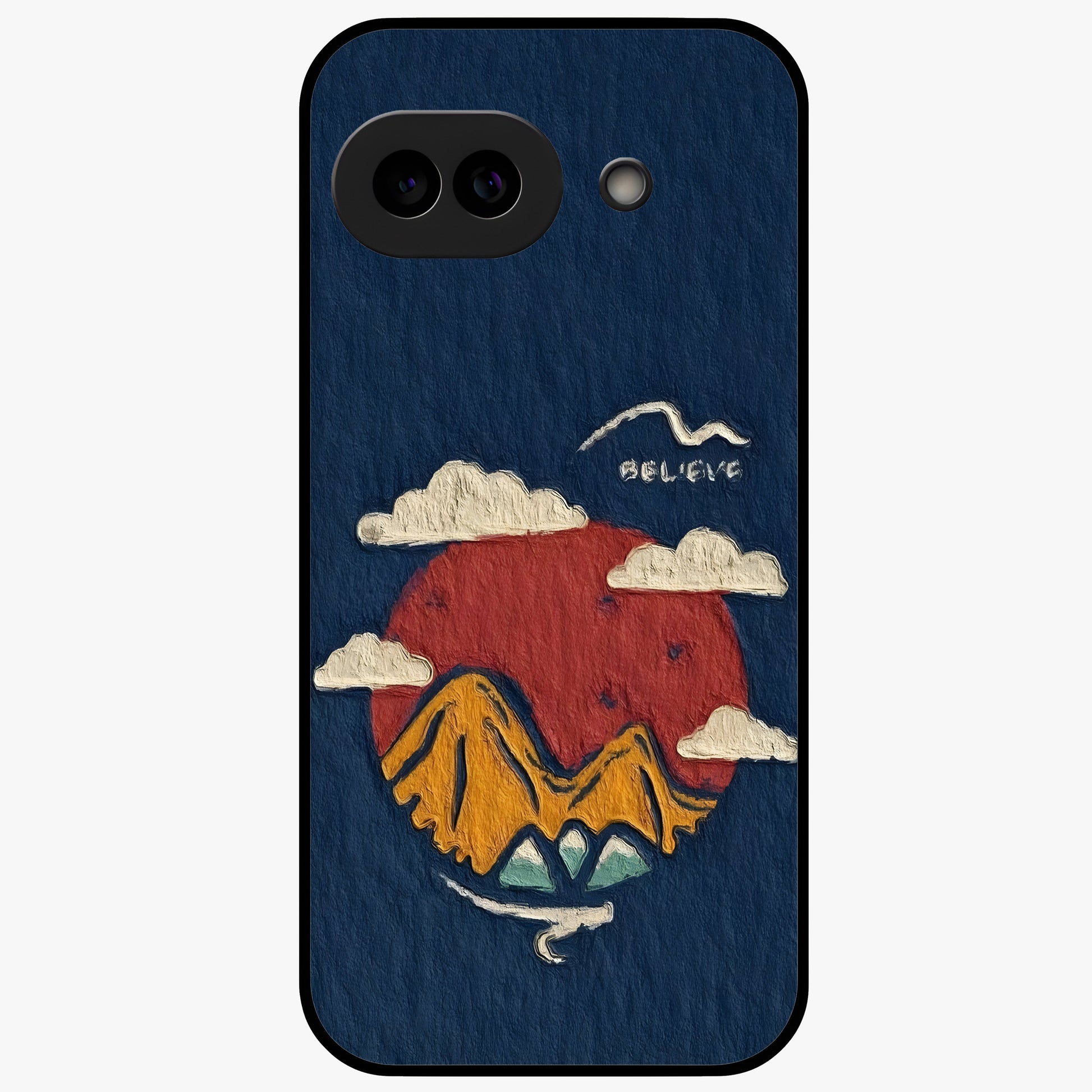 Dream Beyond Mountains Glass Case showing flat back view with scenic mountain landscape artwork and glossy glass finish.