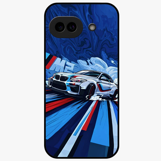 Drift Power Rush Glass Case showing flat back view with dynamic racing inspired artwork and glossy glass finish.