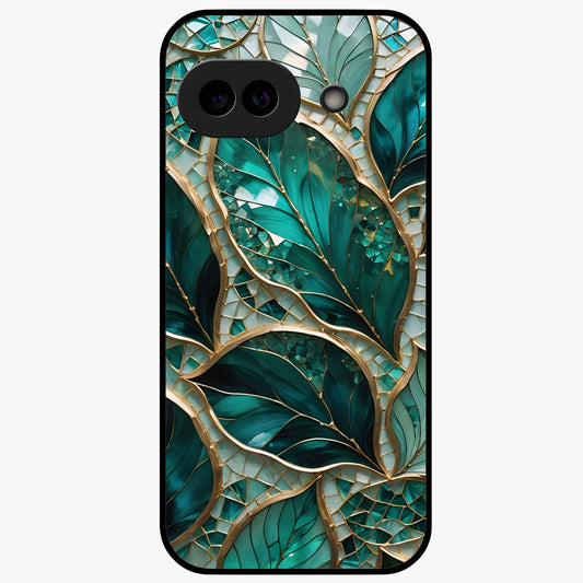 Emerald Leaf Glass Glass Case showing flat back view with emerald green leaf artwork and glossy glass finish.