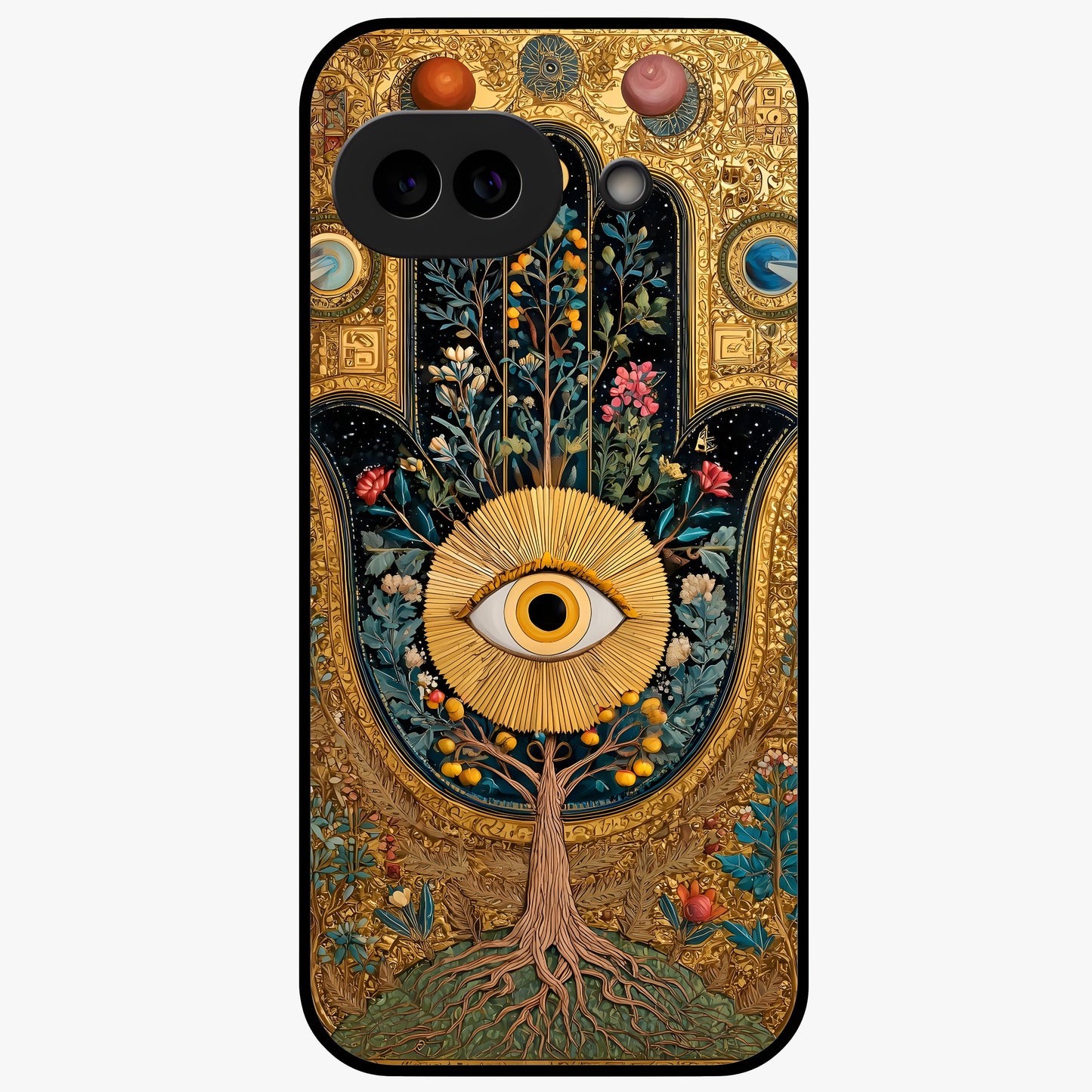 Ethereal Evil Eye Glass Case showing flat back view with mystical evil eye artwork and glossy glass finish.