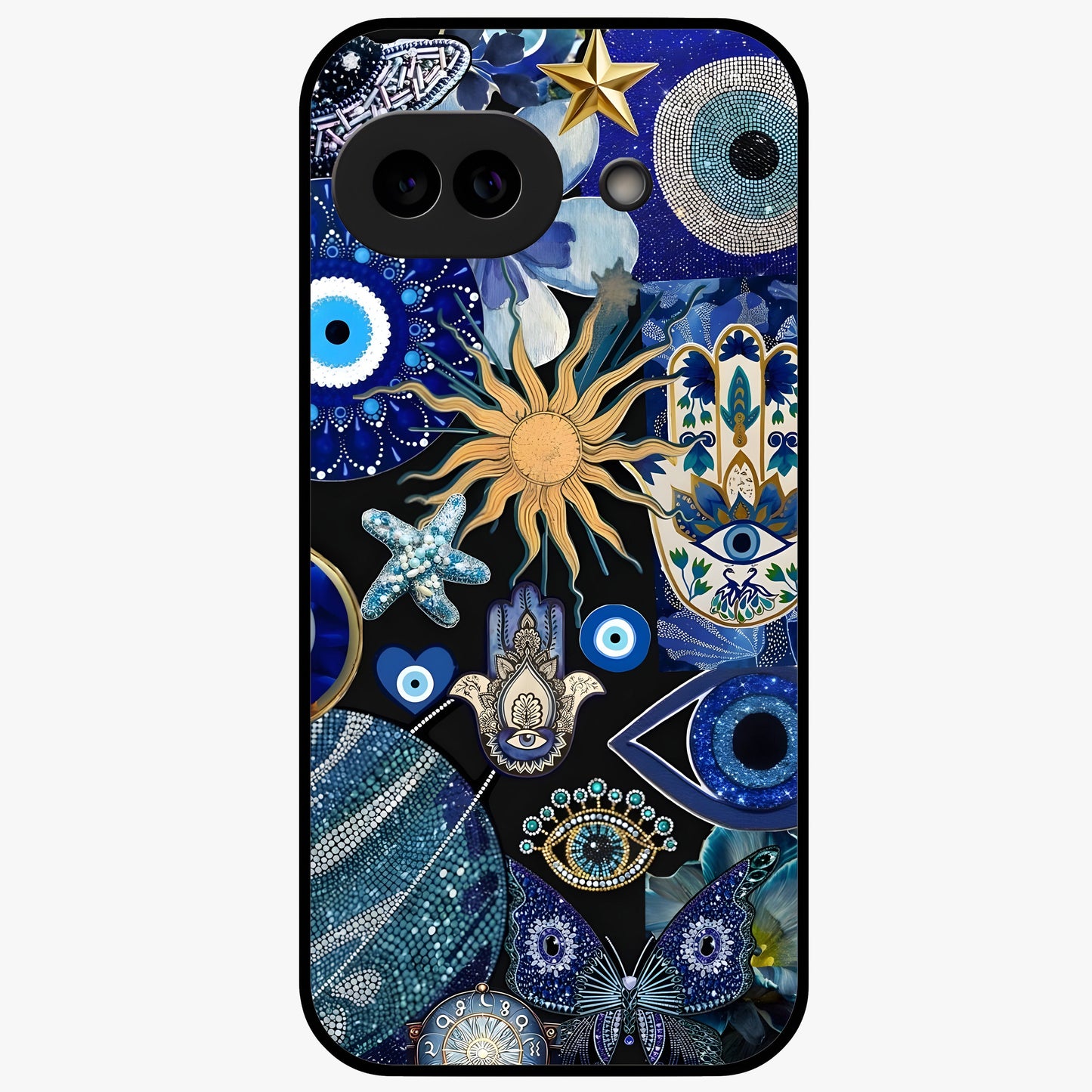 Evil Eye Charm Mix Glass Case showing flat back view with multiple evil eye charms artwork and glossy glass finish.