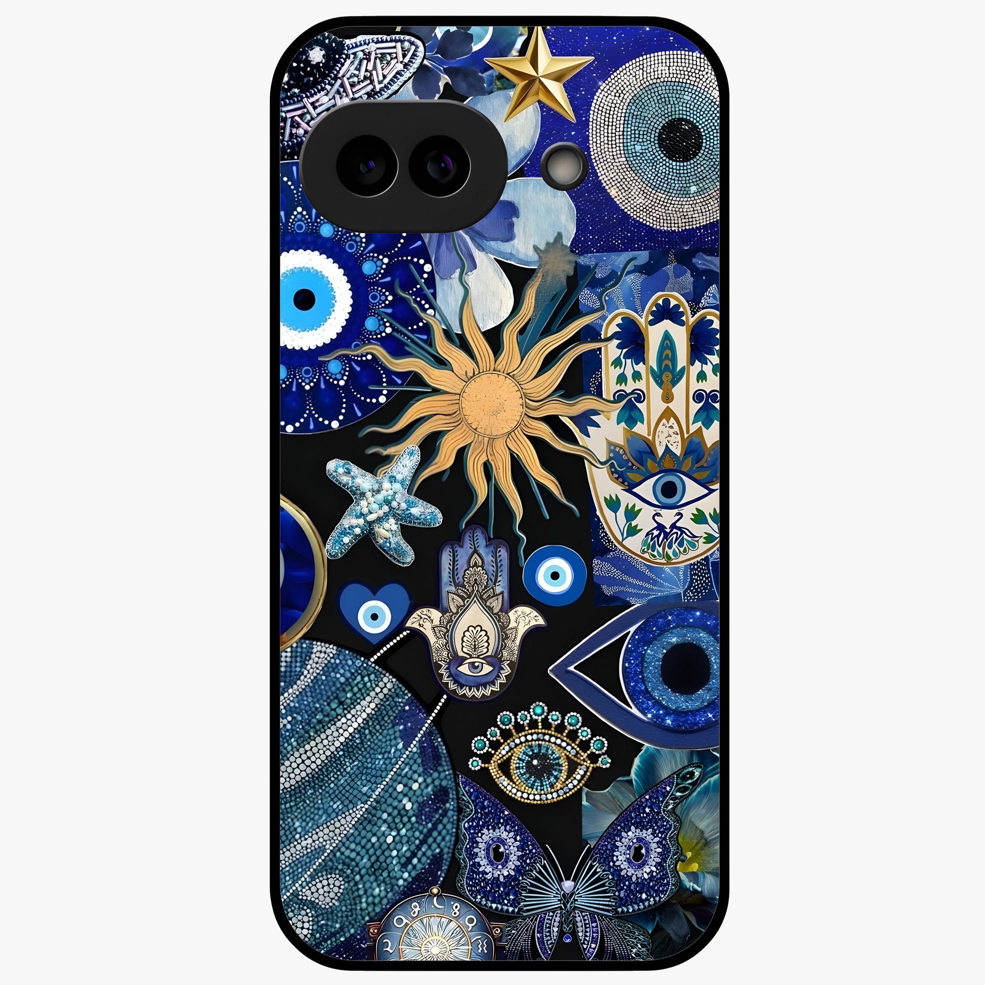 Evil Eye Charm Mix Glass Case showing flat back view with multiple evil eye charms artwork and glossy glass finish.