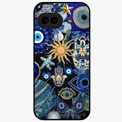 Evil Eye Charm Mix Glass Case showing flat back view with multiple evil eye charms artwork and glossy glass finish.