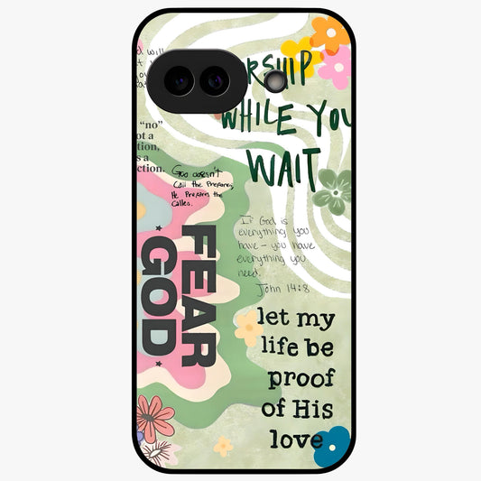 Faith Over Fear Glass Case showing flat back view with motivational typography artwork and glossy glass finish.