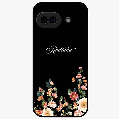 Floral Design With a Custom Personalized Name Glass Case showing flat back view with floral artwork and personalized name design.