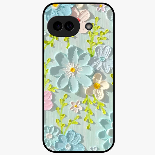 Frosted Petal Garden Glass Case showing flat back view with soft frosted floral artwork and glossy glass finish.