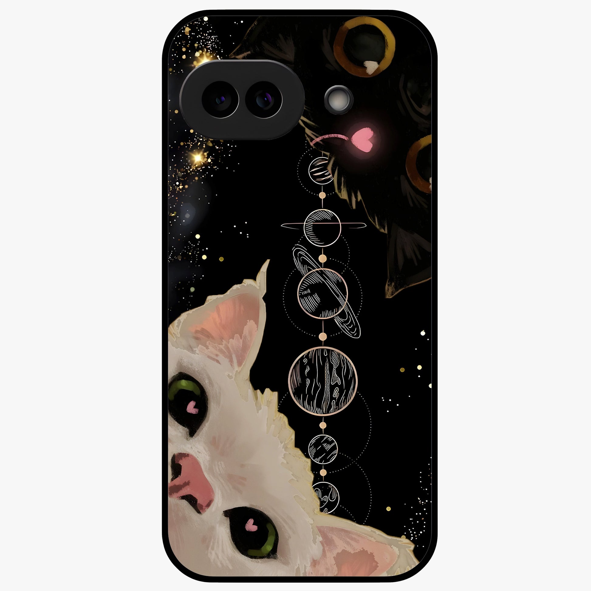 Galactic Cat Glass Case showing flat back view with cosmic cat artwork and glossy glass finish.