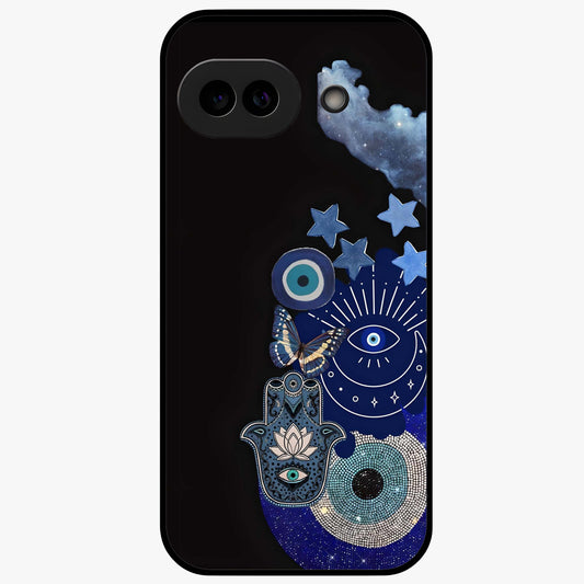 Galactic Charm Cluster Glass Case showing flat back view with glowing celestial charm artwork and glossy glass finish.