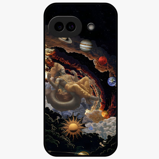 Galactic Divine God Glass Case showing flat back view with divine cosmic themed artwork and glossy glass finish.