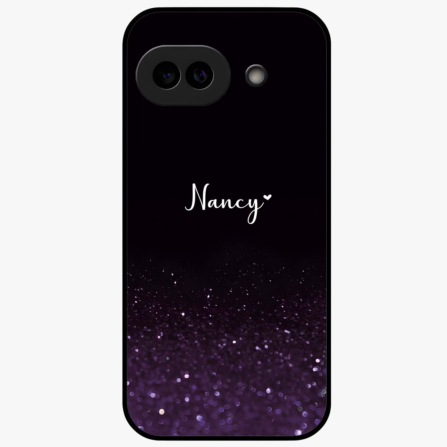 Glittery Purple Bokeh Custom Name Glass Case showing flat back view with purple bokeh sparkle artwork and personalized name design.