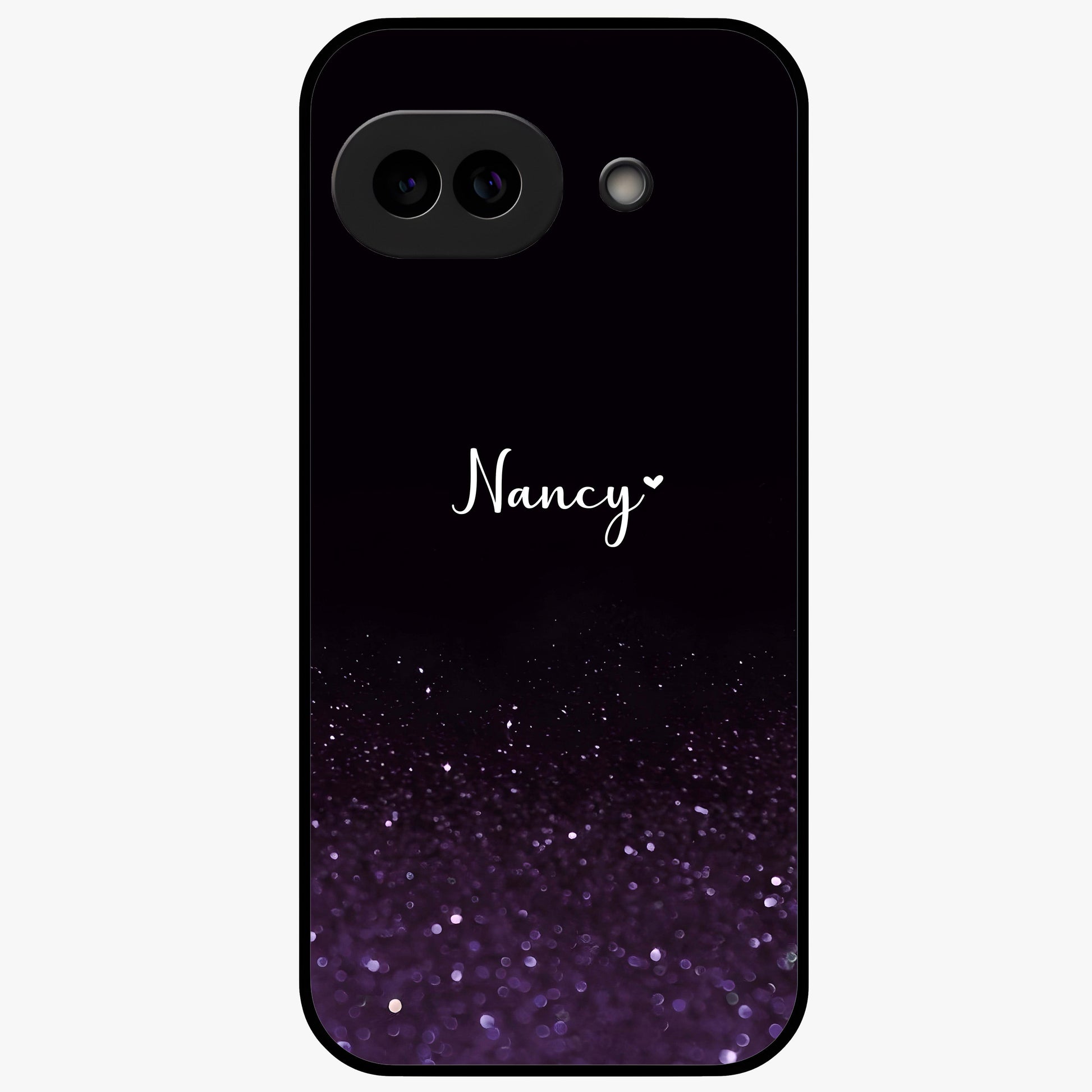 Glittery Purple Bokeh Custom Name Glass Case showing flat back view with purple bokeh sparkle artwork and personalized name design.