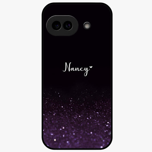 Glittery Purple Bokeh Custom Name Glass Case showing flat back view with purple bokeh sparkle artwork and personalized name design.