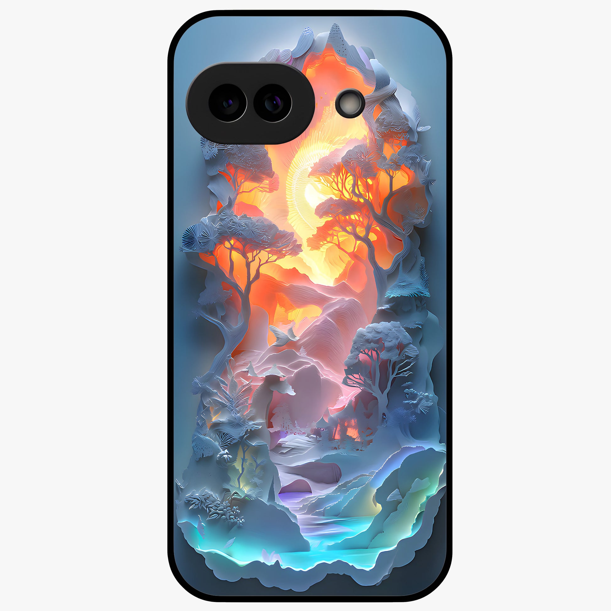 Glow Forest Portal Glass Case showing flat back view with glowing forest portal artwork and glossy glass finish.