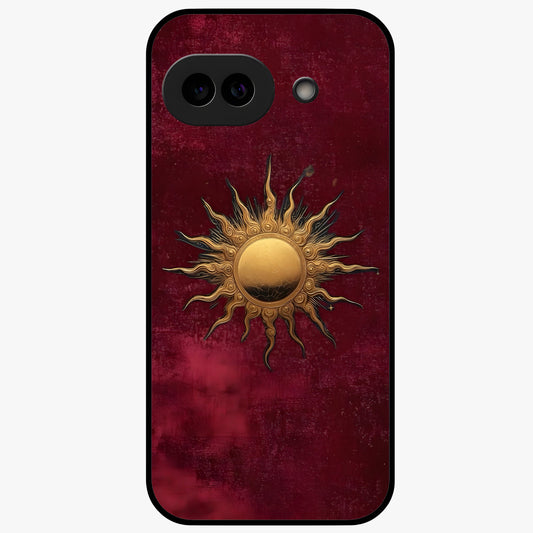 Gold Sun Blush Glass Case showing flat back view with golden sun inspired artwork and glossy glass finish.