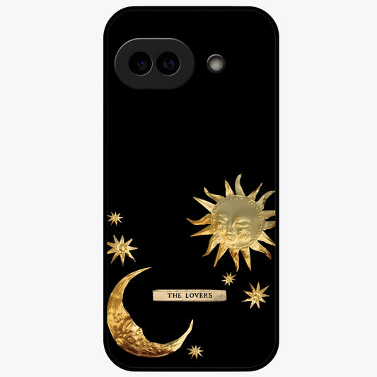 Golden Celestial Charm Glass Case showing flat back view with golden celestial charm artwork and glossy glass finish.