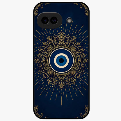 Golden Evil Eye Mandala Glass Case showing flat back view with intricate evil eye mandala artwork and glossy glass finish.