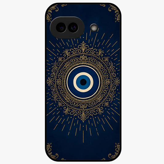 Golden Evil Eye Mandala Glass Case showing flat back view with intricate evil eye mandala artwork and glossy glass finish.