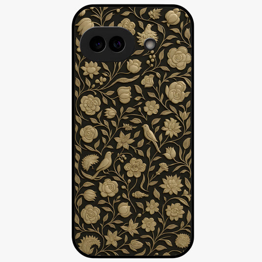 Golden Floral Majesty Glass Case showing flat back view with luxurious golden floral artwork and glossy glass finish.