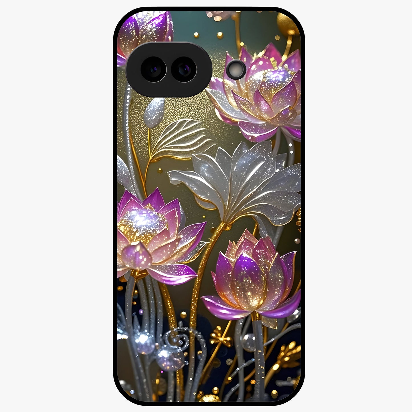 Golden Lotus Glow Glass Case showing flat back view with glowing lotus flower artwork and glossy glass finish.