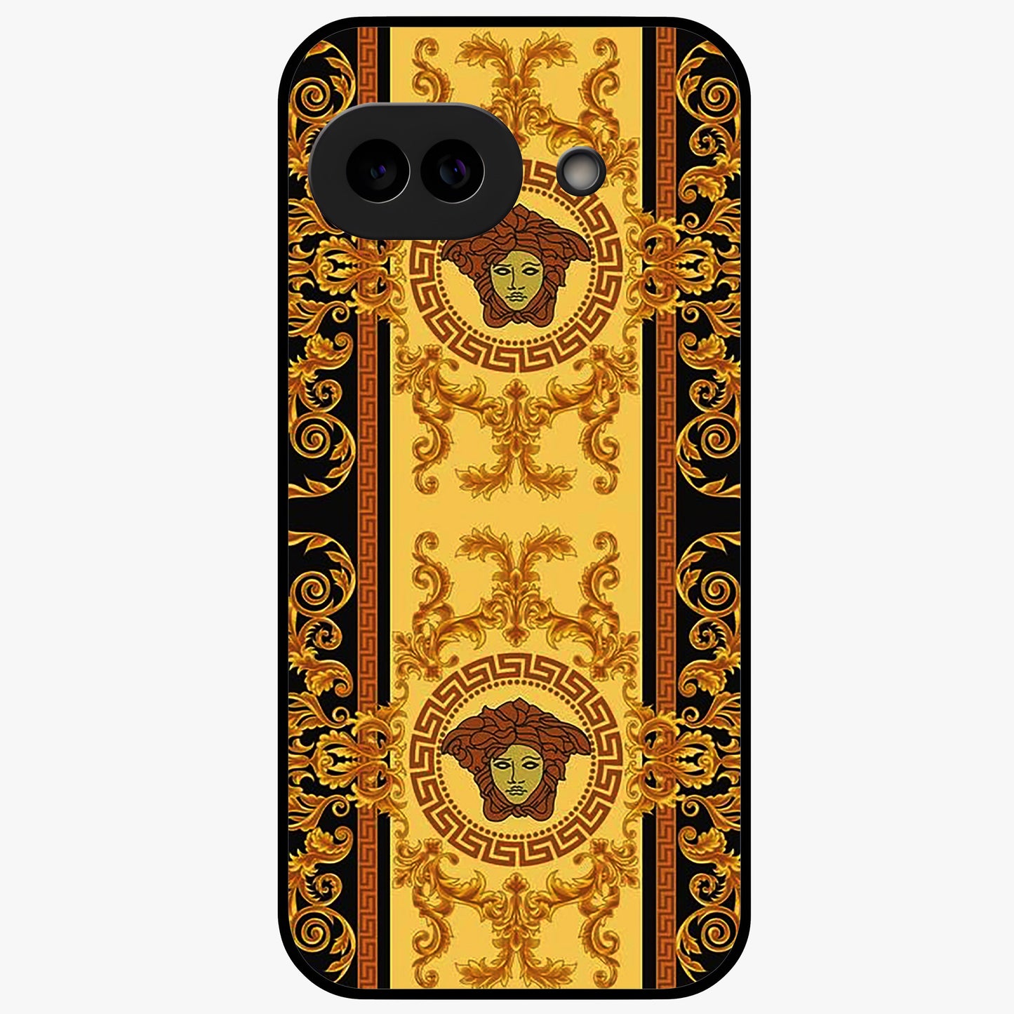 Golden Royal Heritage Glass Case showing flat back view with ornate royal pattern artwork and glossy glass finish.