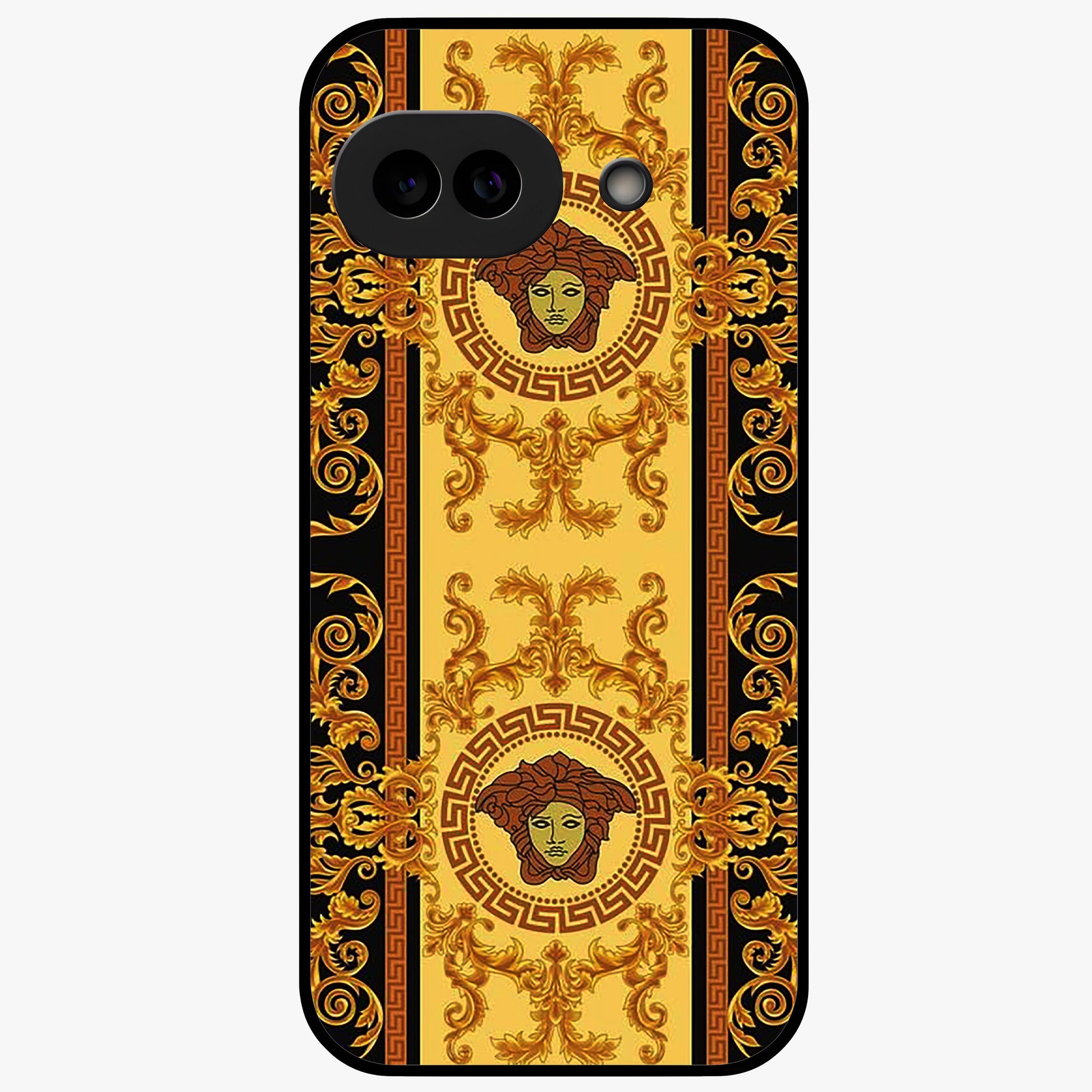 Golden Royal Heritage Glass Case showing flat back view with ornate royal pattern artwork and glossy glass finish.