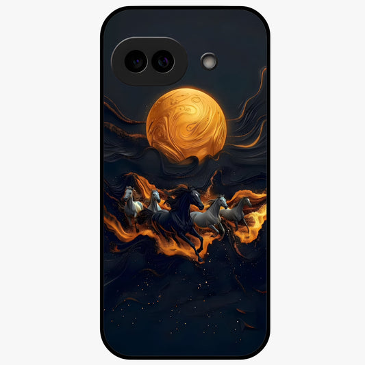 Golden Stallion Moonride Glass Case showing flat back view with majestic horse under moonlight artwork and glossy glass finish.