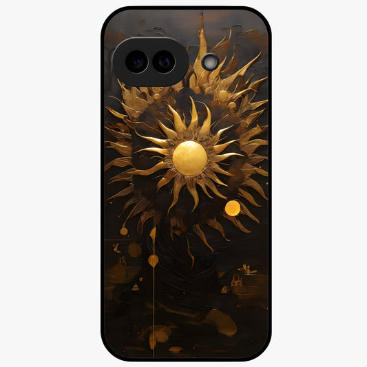Golden Sun Majesty Glass Case showing flat back view with radiant golden sun artwork and glossy glass finish.