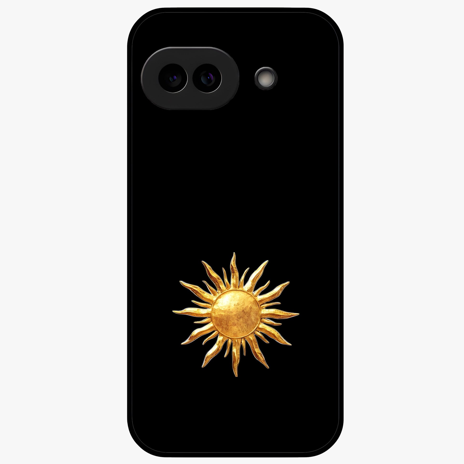 Golden Sun Minimalism Glass Case showing flat back view with minimal golden sun artwork and glossy glass finish.