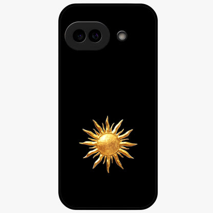 Golden Sun Minimalism Glass Case showing flat back view with minimal golden sun artwork and glossy glass finish.