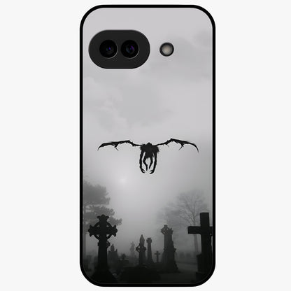 Graveyard Shadow Descent Glass Case showing flat back view with dark graveyard themed artwork and glossy glass finish.
